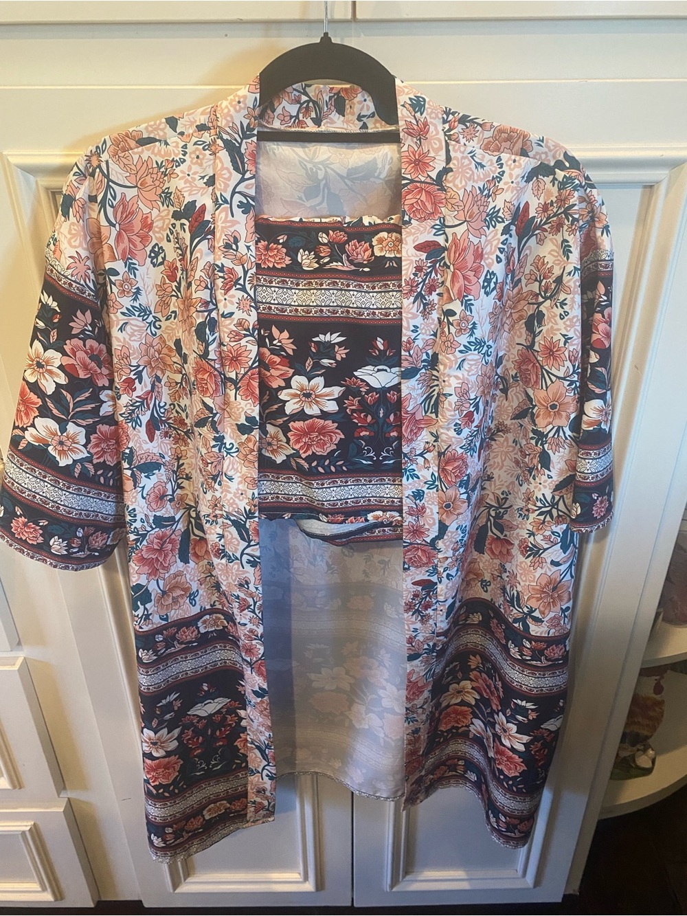 Floral Open-Front Kimono Cardigan - Pink, Navy, Cream